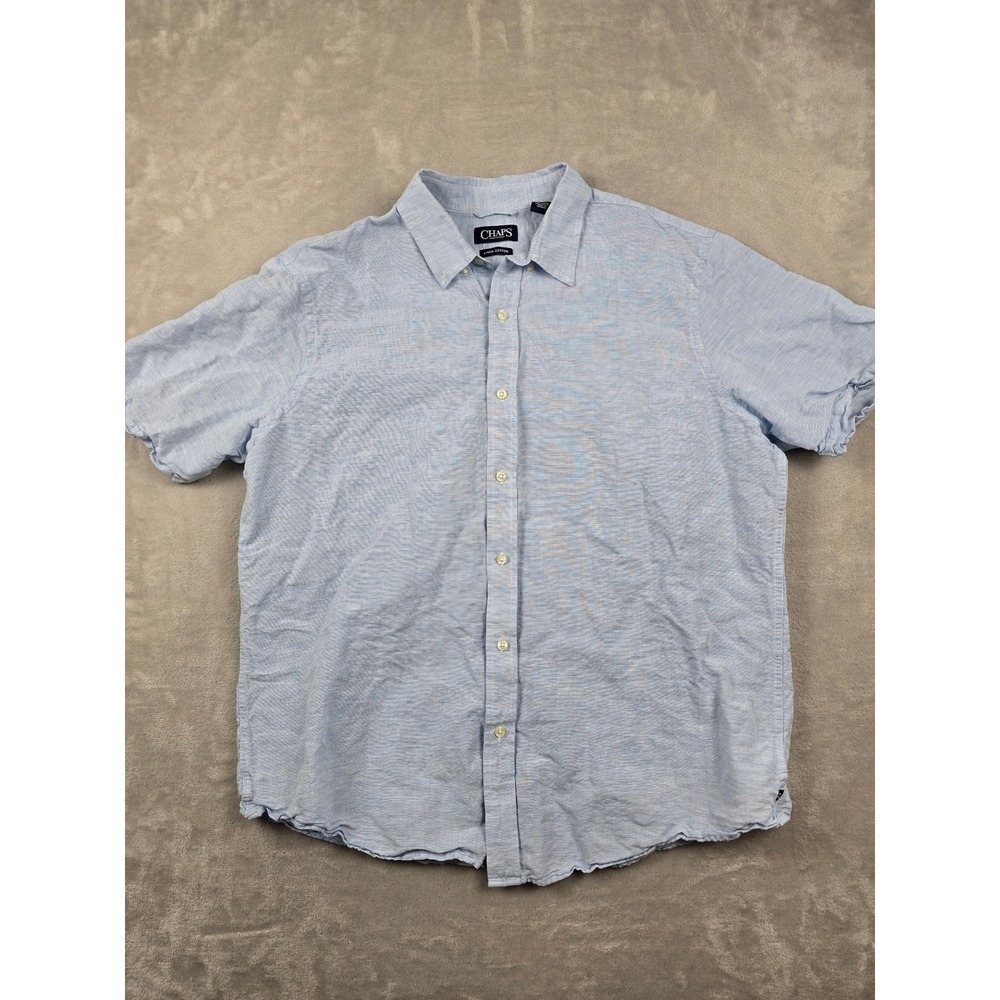 Chaps Button Up Shirt Mens XXL Blue Linen Cotton Short Sleeve Lightweight Casual